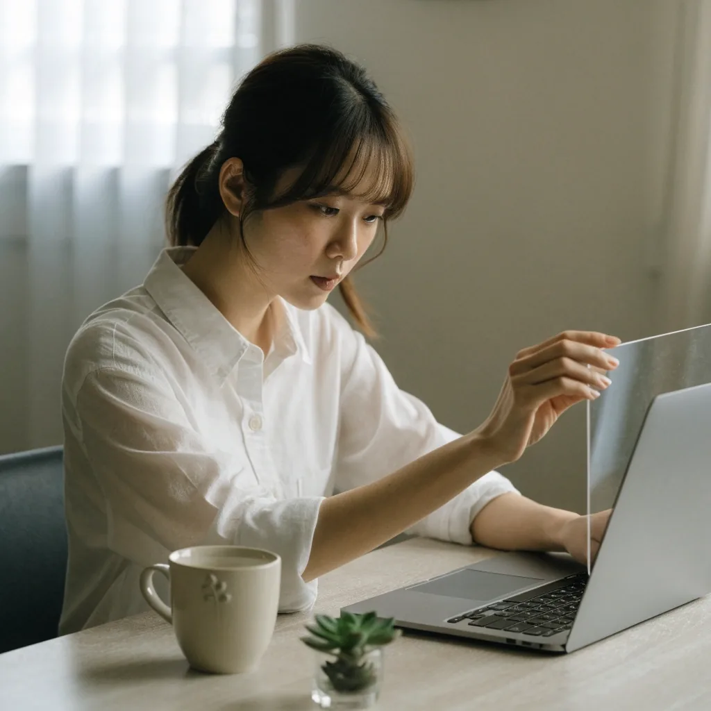 노트북 키보드 위에 손을 올린 모습과 옆에 놓인 종이 자료